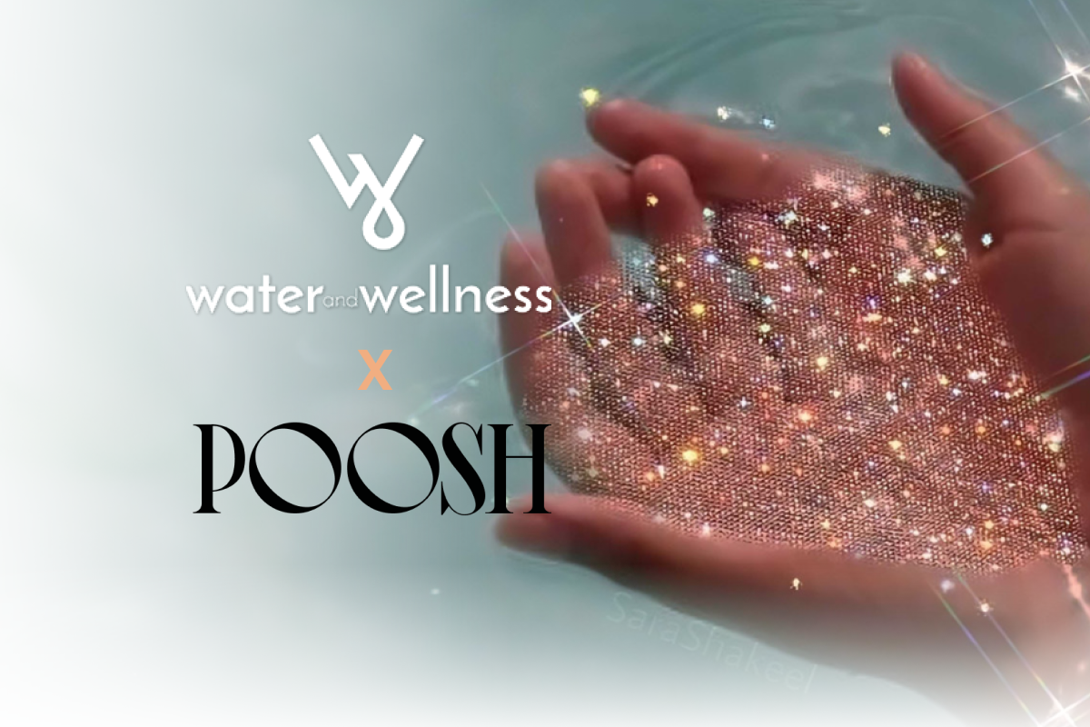 Water and Wellness and POOSH collaboration on molecular hydrogen. Lifestyle brand by Kourtney Kardashian. Art by Sara Shakeel