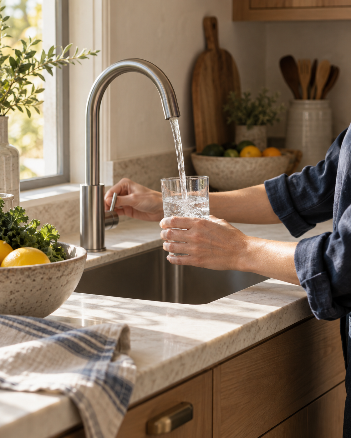 Water flowing from a kitchen faucet into a glass